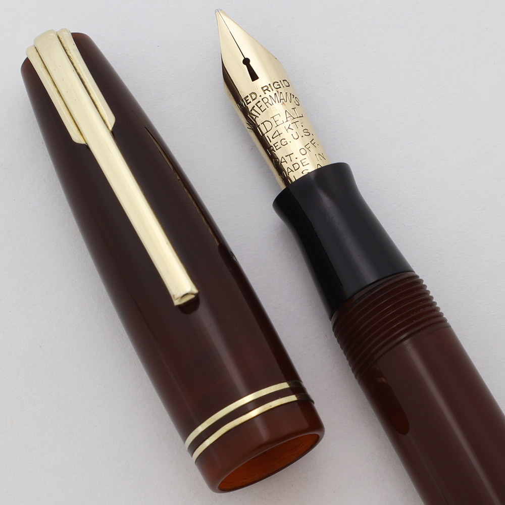 Waterman Commando Fountain Pen - Amber Brown w GT, Keyhole Medium Rigid 14k Nib (Excellent, Restored)