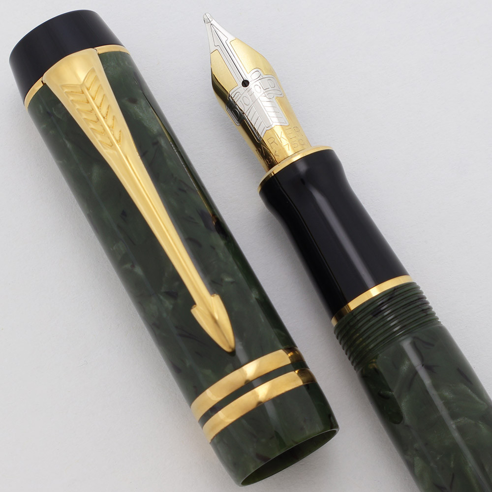 Parker Duofold Centennial Fountain Pen - Mk II (1996), Jade Green w/GT, C/C, 18k Broad Nib (Excellent +, Works Well)