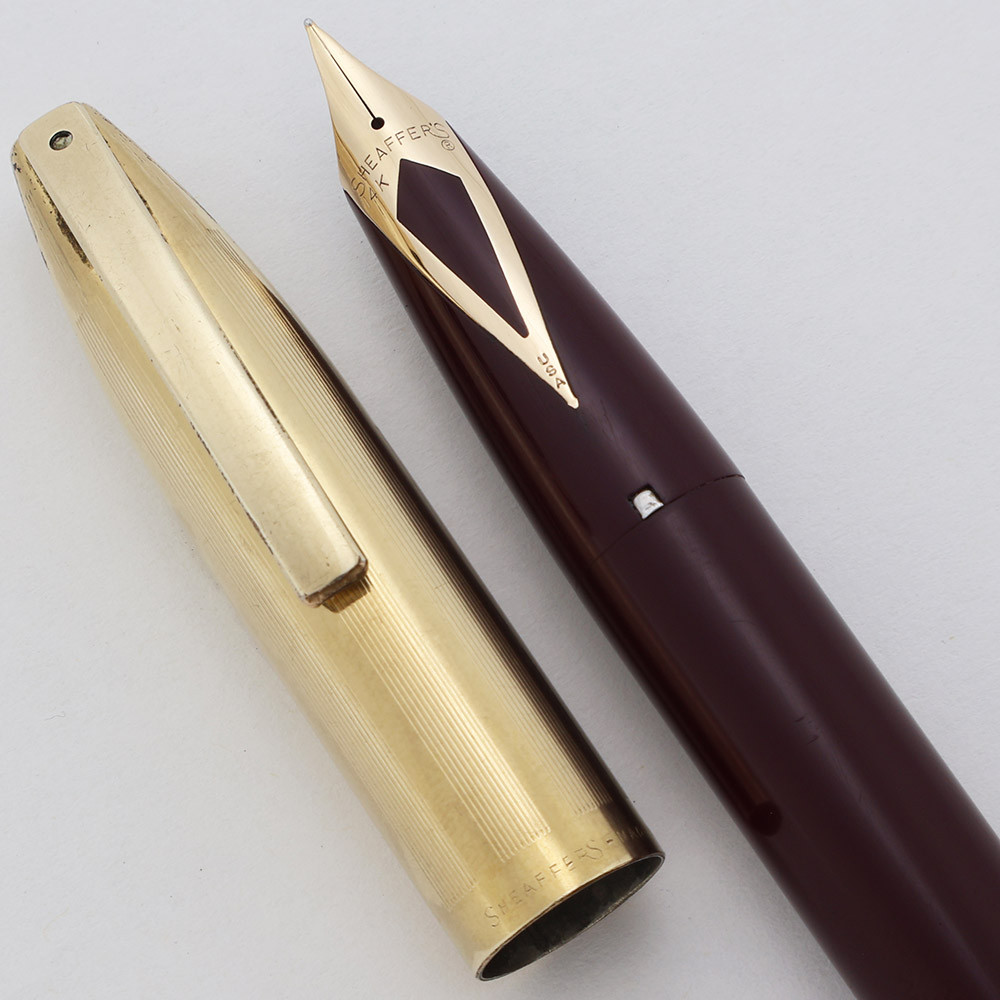 Sheaffer PFM V Fountain Pen (1959-1960s) - Burgundy w  Lined Gold Filled Cap, Snorkel Filler, 14k Fine Inlaid Nib (Very Nice, Restored)