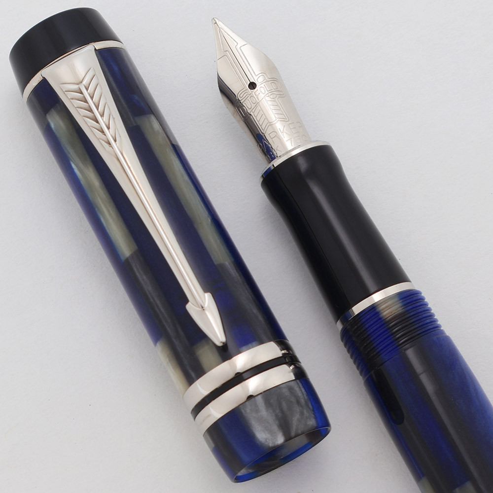 Parker Duofold International SE Fountain Pen (2001) - Blue Mosaic w/Platinum Coated Trim, C/C, 18k Medium (Excellent +, Works Well)