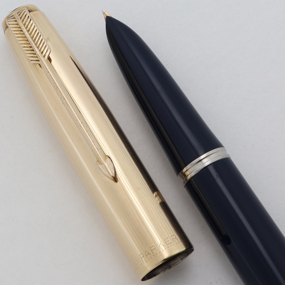 Parker 51 Aerometric (1951) - Blue w Gold Filled Converging Lines Cap, Fine 14k Nib (Excellent, Works Well)