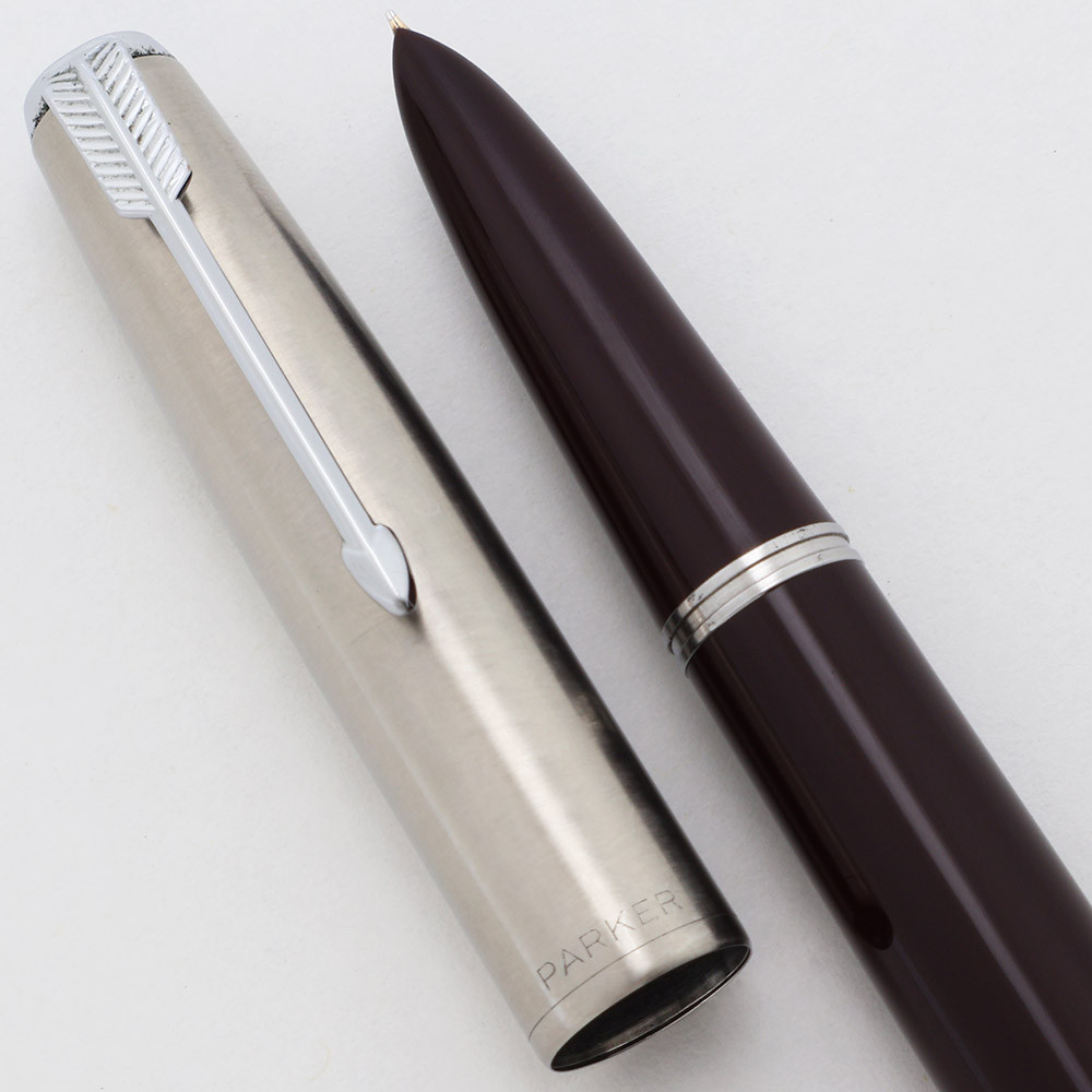 Parker 51 Aerometric Fountain Pen (1950s) - Burgundy w Lustraloy Cap, Fine Gold Nib (Excellent, Works Well)