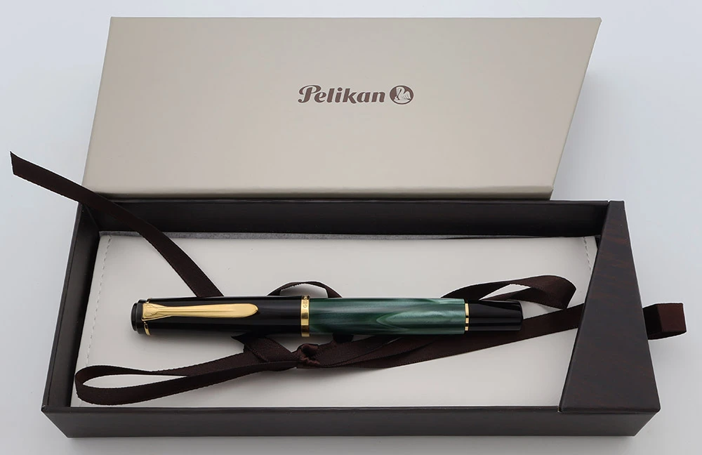 Pelikan M200 Fountain Pen (2003-current) - Green Marbled w Gold Trim, Fine Steel Nib (Excellent In Box, Works Well)