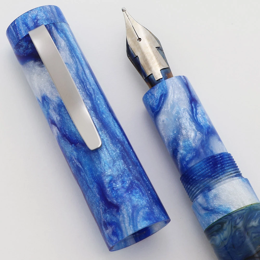 Write Turnz Fountain Pen - Blue w White Swirls, C/C, Sallymander Stacked Architect Nib (Excellent, Works Well)