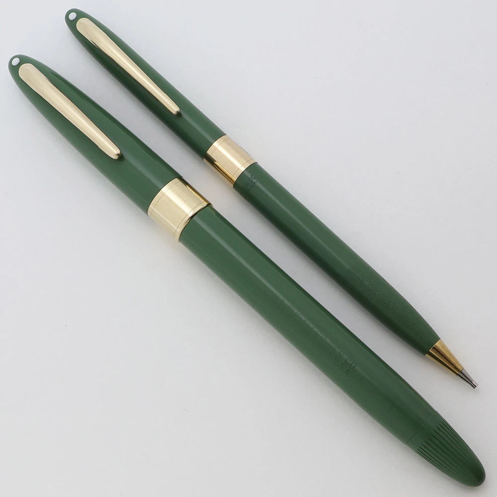 Sheaffer Statesman Snorkel Fountain Pen and Pencil Set (1955-9) - Uncommon Sage Green w/GT, Medium PdAg Triumph Nib (Excellent +, Restored)