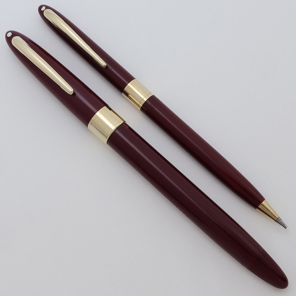 Sheaffer Valiant Snorkel Fountain Pen & Pencil Set  (1952-59) - Burgundy w GT, Fine 14k Triumph Nib (Excellent +, Restored)