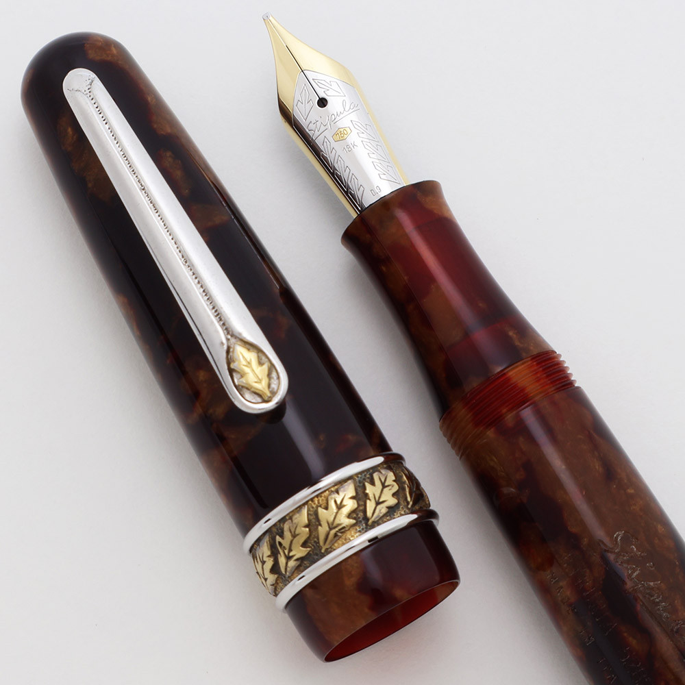 Stipula Etruria Fountain Pen - Amber Cellulose Acetate w Vermeil Band, Captive Converter, 0.9mm Stub 18k Two-Tone Nib (Excellent, Works Well)