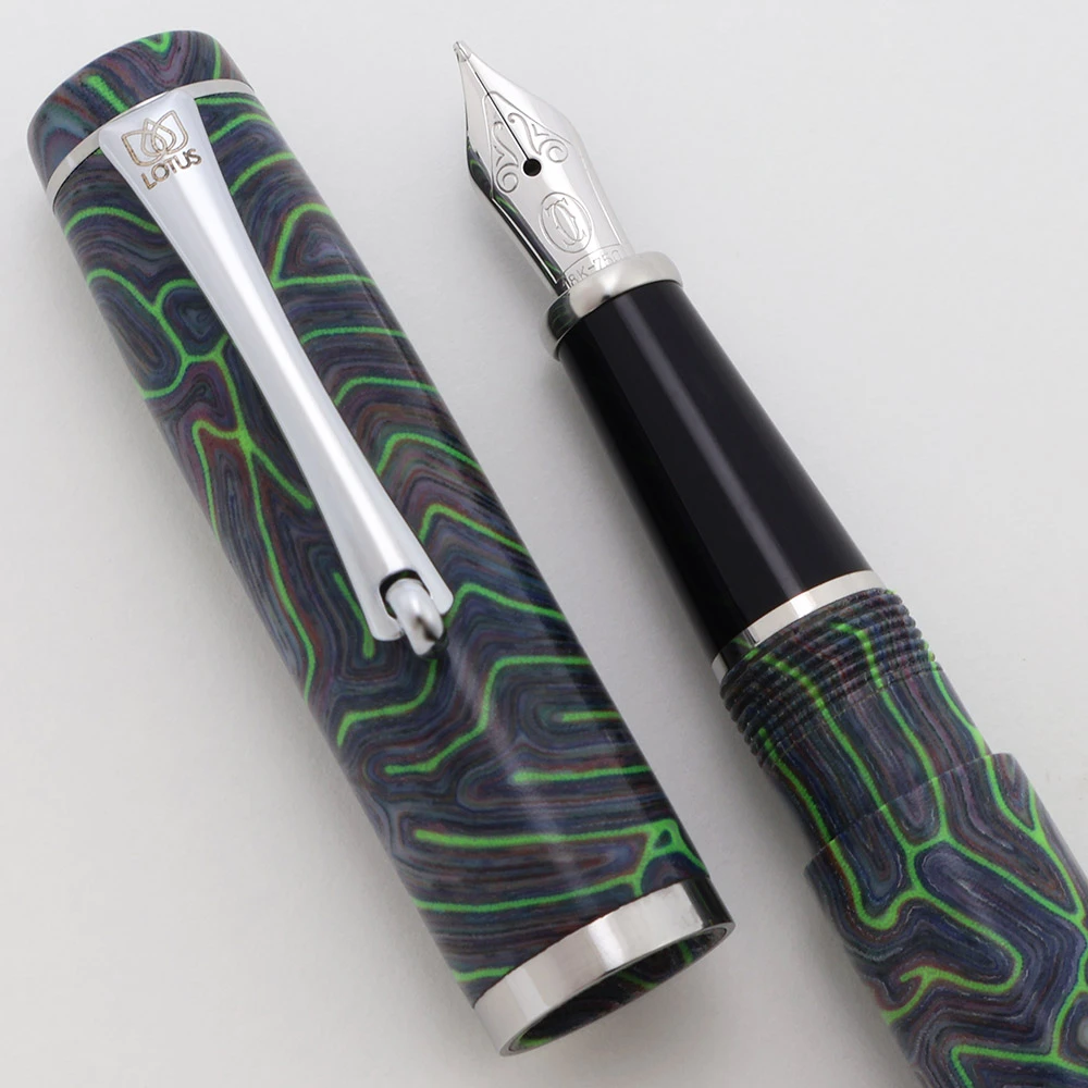 PSP Lotus Catamount Limited Edition Fountain Pen - Crazy Fiber, Cartier Diabolo 18k Nib Sections, Cartridge/Converter (New)