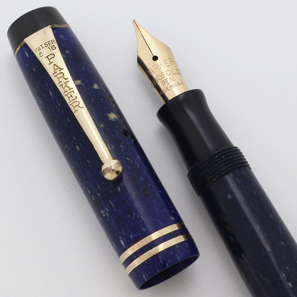 Parker Duofold Junior Streamline Fountain Pen (1930s) - Lapis w GT,  Button Filler, Medium Gold Nib  (Excellent, Restored)