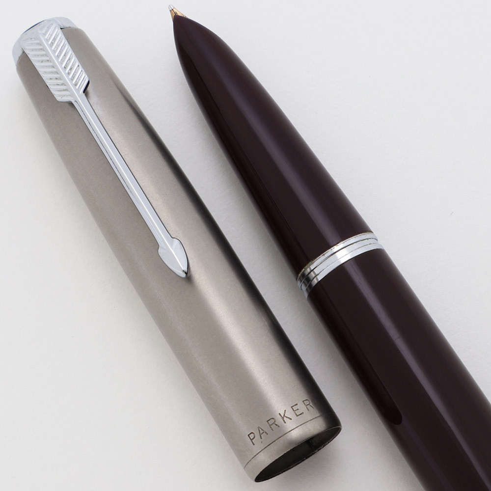 Parker 51 Aerometric Fountain Pen (1950s) -- Burgundy, Lustraloy Cap, Fine Gold Nib (Excellent, Works Well)