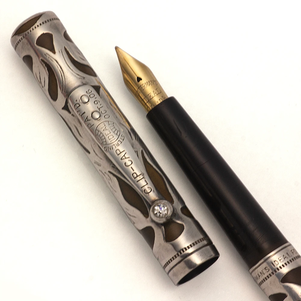 Waterman 412 Fountain Pen (1910s) w Jewel on Clip - Sterling Floral Filigree, Eyedropper, Fine Flexible Canada Nib (Excellent, Restored)