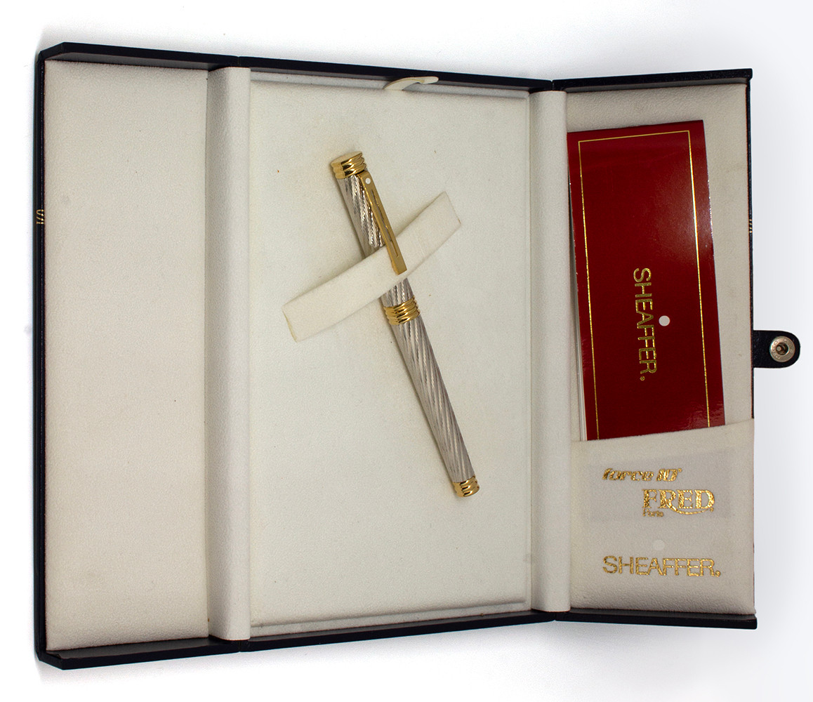 Sheaffer Targa 1090 Fred Force 10 Fountain Pen  (1992) - Palladium Plated Cable Pattern w/GT, C/C, 18k Fine Inlaid Nib (Near Mint In Box)