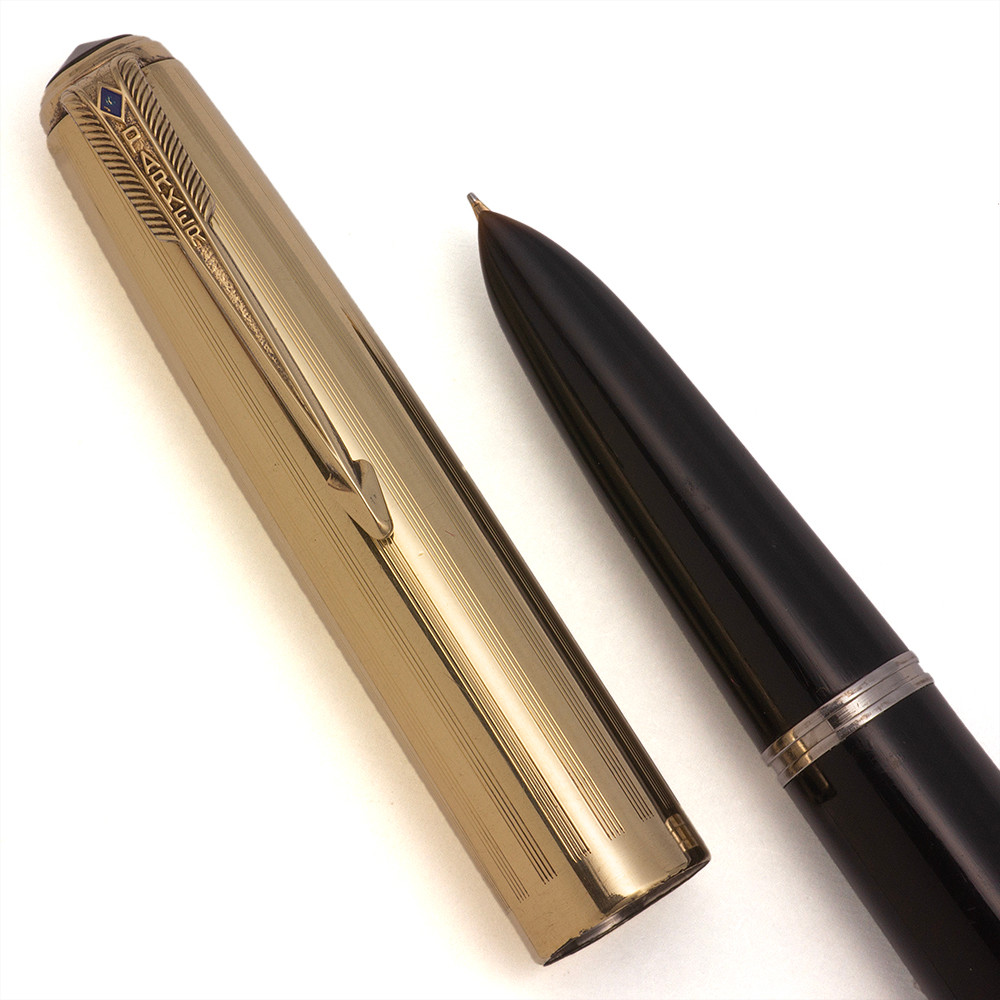Parker 51 Vacumatic (1946) - Black w Gold Filled 4-Lines Cap, Fine Gold Nib (Excellent +,  Restored)