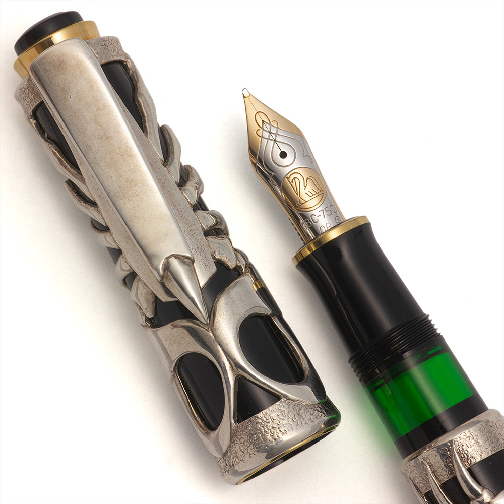 Pelikan M800 w Kane Boutry Sterling Overlay Fountain Pen  - Black w Scorpion Sterling Overlay, Piston Filler, 18k OB Nib (Superior, Works Well)