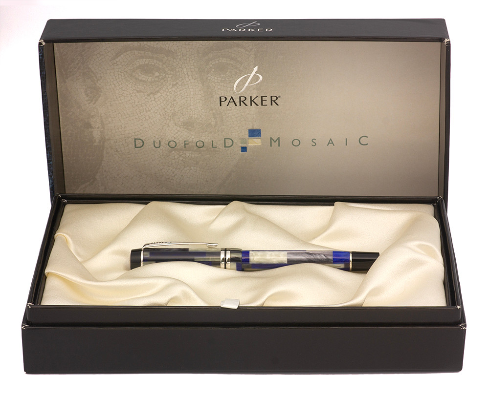 Parker Duofold International SE Fountain Pen (2001) - Blue Mosaic w/Platinum Coated Trim, C/C, 18k #98 Italic Nib (Excellent + in Box, Works Well)