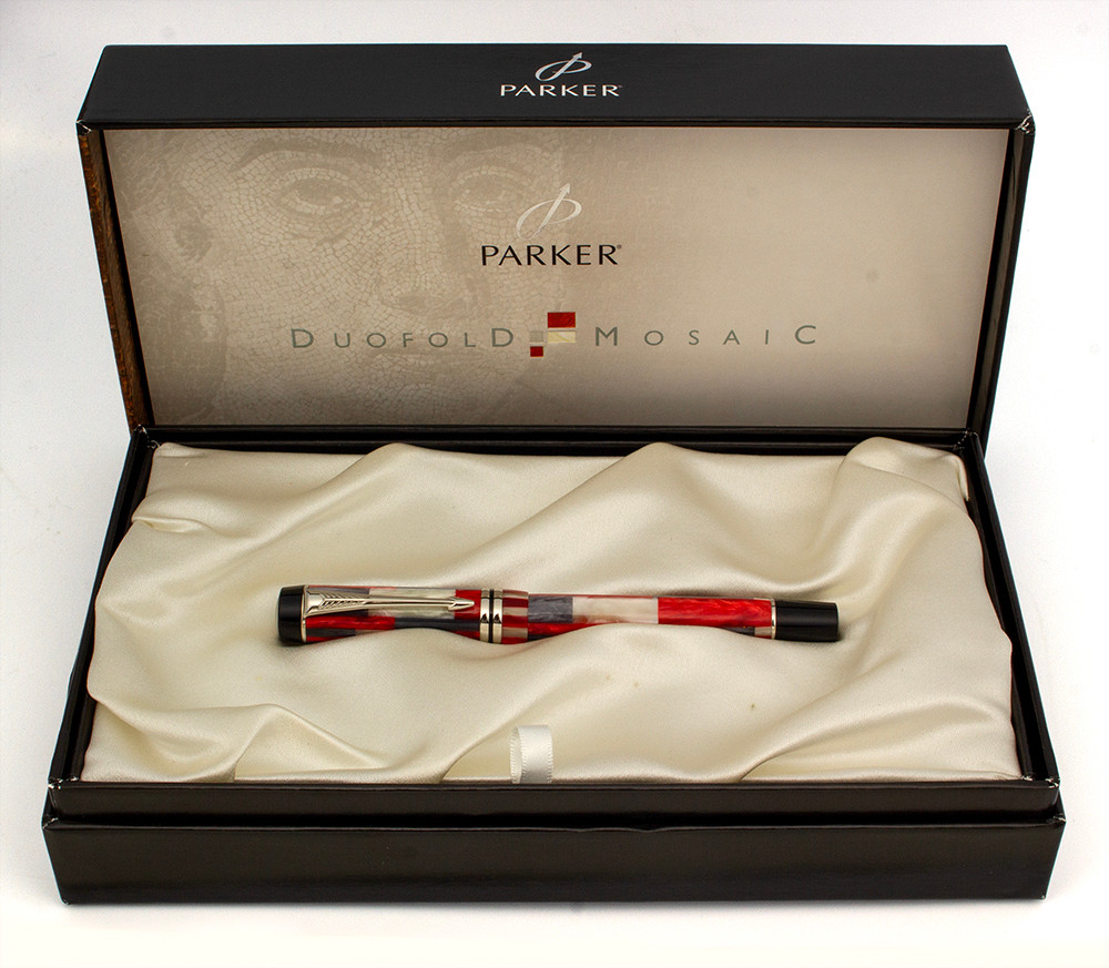 Parker Duofold International SE Fountain Pen (2002) - Red Mosaic w/Platinum Coated Trim, C/C, 18k Medium Italic (Excellent + in Box, Works Well)