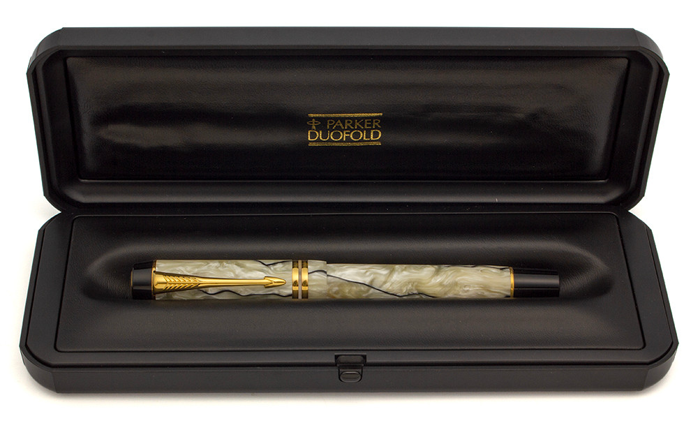 Parker Duofold Centennial (UK, 1996) - Black and Pearl, Fine 18k "Banner" Style Nib (Excellent + in Box, Works Well)