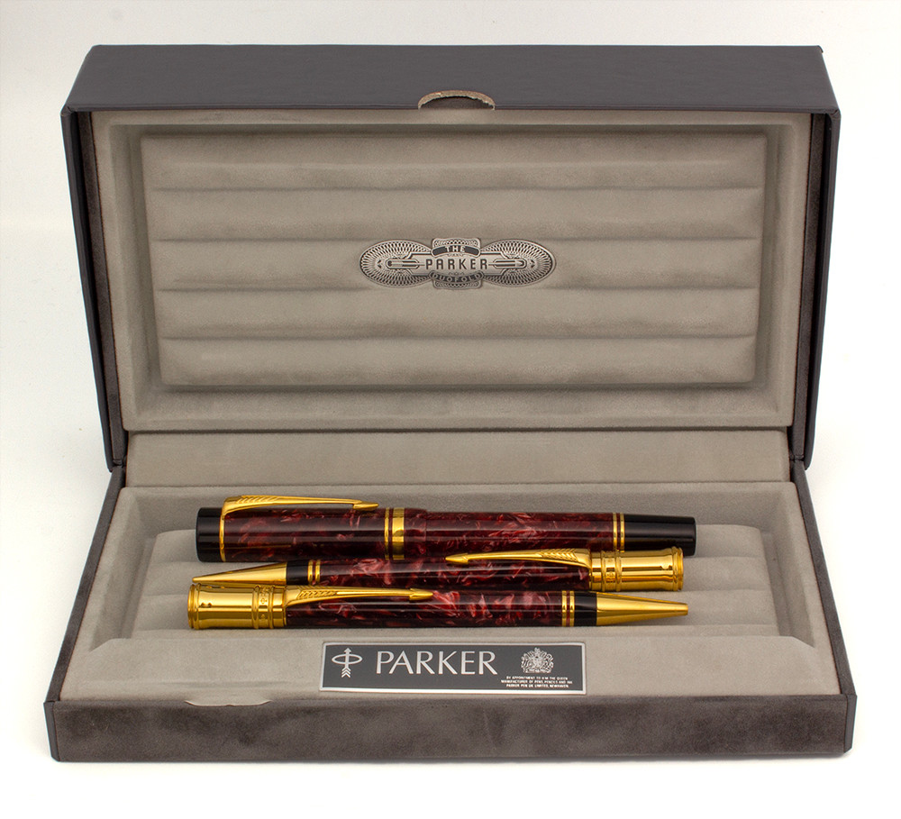 Parker Duofold Centennial Fountain, Ballpoint, and Pencil Set (1990) - Maroon Marble w/GT, C/C, 18k Fine Nib (Excellent + in Box, Works Well)