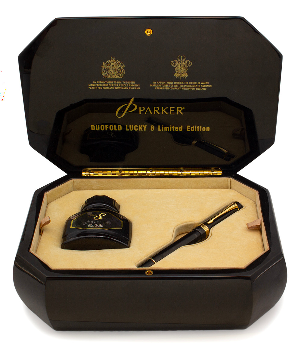 Parker Duofold "Lucky 8" LE Fountain Pen (2008, #1391/3888) - Black w Grey Shadows, Octagonal Faceted, C/C, Medium Italic 18k Nib (Superior in Box)