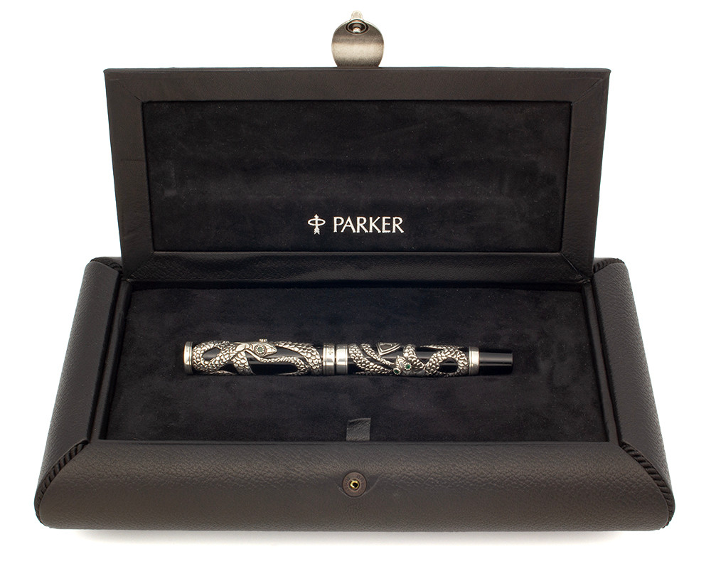 Parker Snake (1997) LE Fountain Pen (#1036/5000) - Black w Sterling Snake Overlay, C/C, Medium 18k Nib (Excellent + in Box, Works Well)