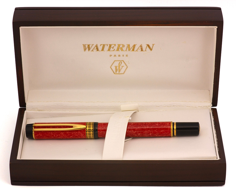 Waterman Man 100 Patrician Fountain Pen (1990's) - Coral Red, 18K OG-L (Broad Left Oblique) Nib (Excellent + in Box, Works Well)