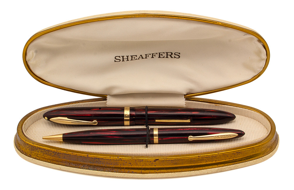 Sheaffer Balance Lifetime 875 FP/MP Set - Small Size, Carmine Striated, Lever Fill, Fine Nib (Excellent in Box, Restored)
