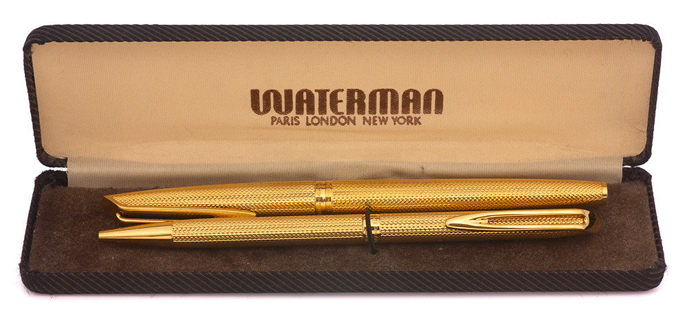 Waterman CF Fountain Pen and Ballpoint Set - Gold Plated Barleycorn, Fine Nib (Excellent in Original Box, Works Well)