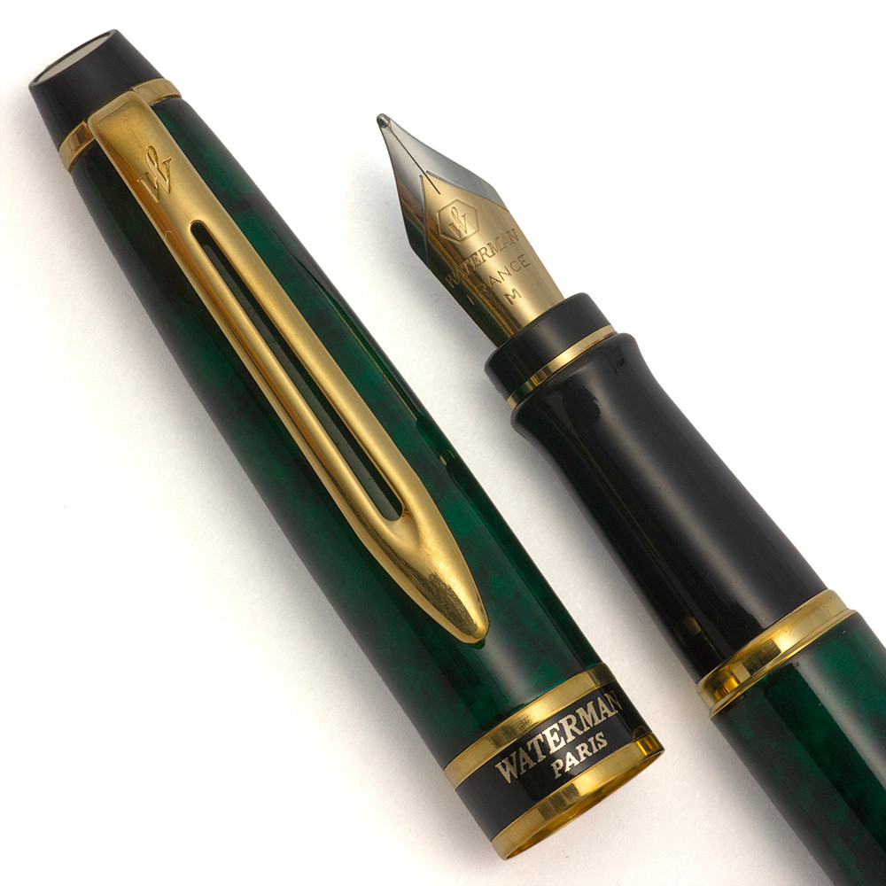 Waterman Expert II Fountain Pen - Green and Black Lacquer w GT, C/C,  Medium Two-Tone Nib (Excellent, Works Well)