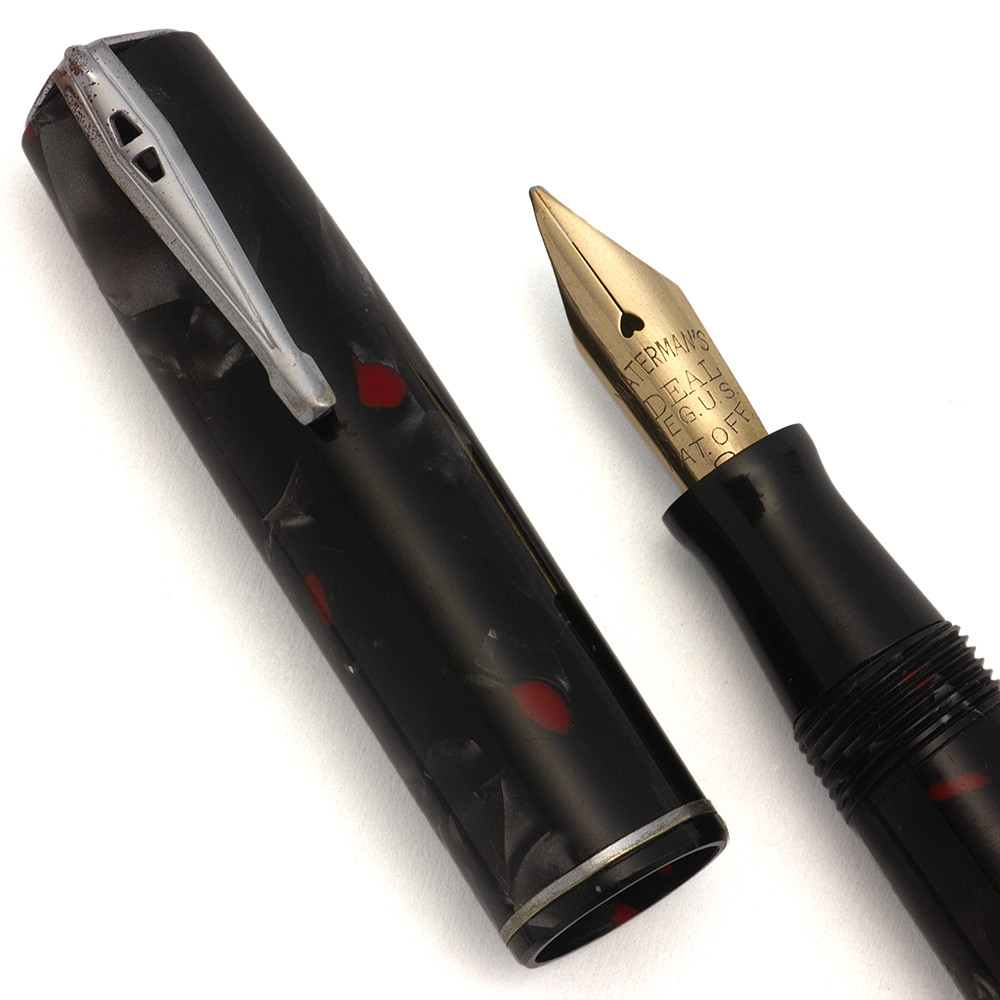 Waterman 3V Fountain Pen (1930s) - Black/Grey/Red w Nickel Trim, Medium Flexible Ideal Nib (Excellent +, Restored)