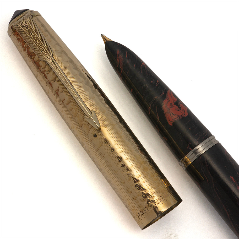 Parker 51 Aerometric Kullock "Fantasy" - Pink & Black Ebonite, GF "Martele" Hammered Cap, Medium Gold Nib (Excellent +, Restored)