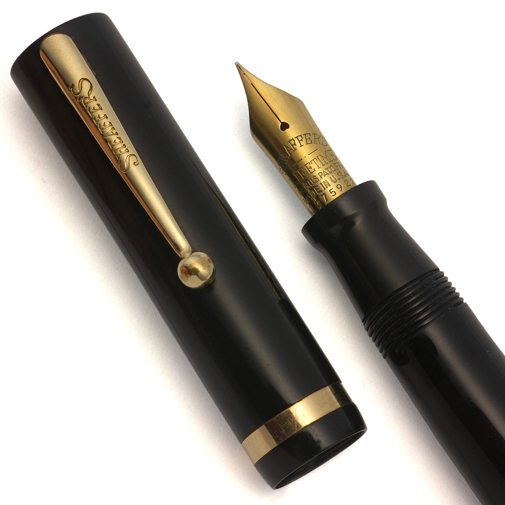 Sheaffer Lifetime Flat Top Oversized Fountain Pen (1920s) - Black w GT, Lever Filler,  Fine Gold Lifetime Nib (Excellent, Restored)