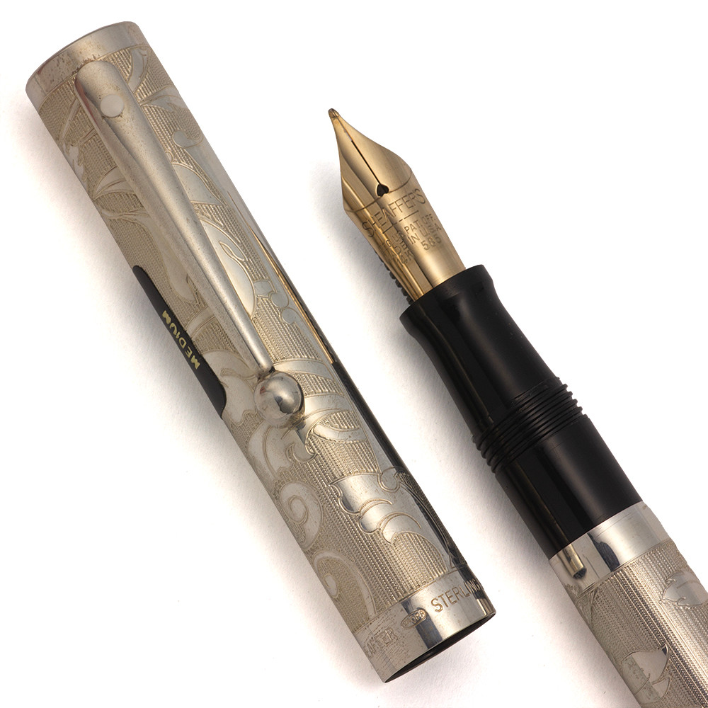 Sheaffer Nostalgia Fountain Pen - Solid Etched Sterling, 14k Medium Nib (Near Mint in Box, Works Well)