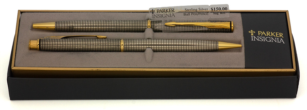 Parker Insignia Ballpoint Pen & Pencil Set (1991 -92) - Sterling Silver "Cisele" w/GT, 0.5 mm Leads (Excellent, in Box, Work Well)