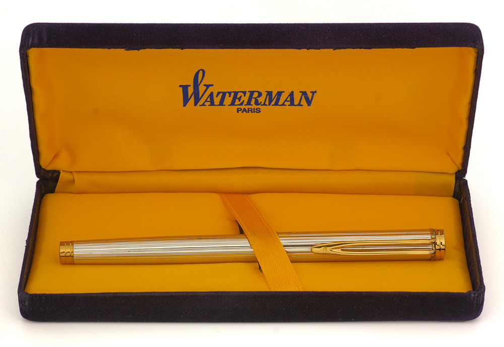 Waterman Gentleman Fountain Pen (1974-97) - Sterling Fluted (Godron) w/GT, C/C, Fine 18k Nib (Excellent in Box, Works Well)