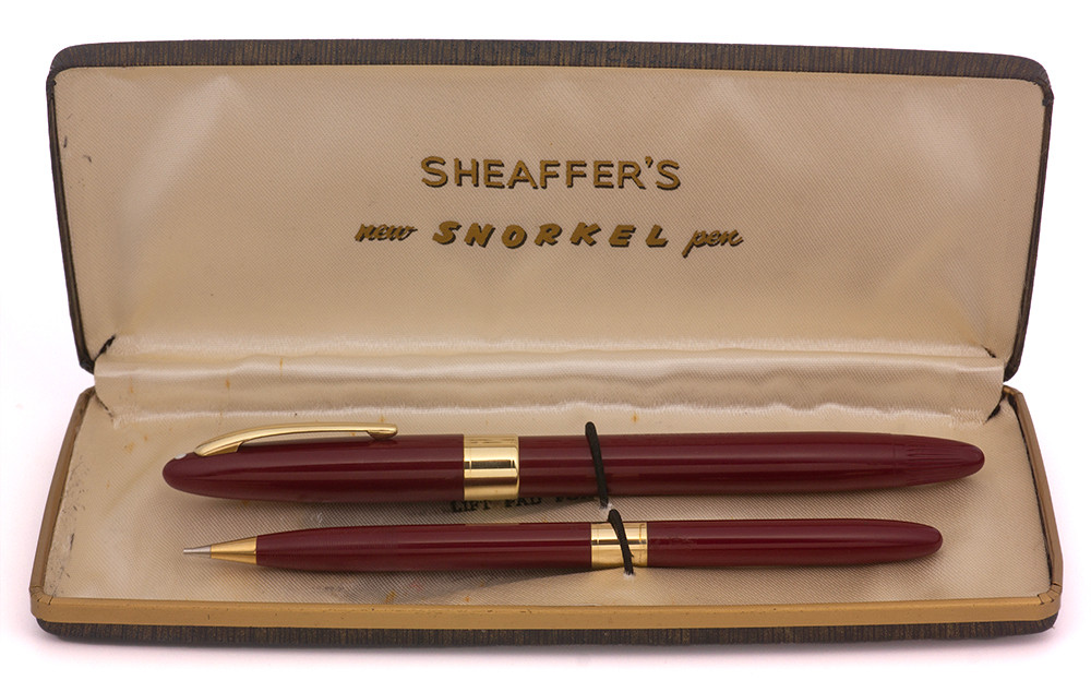 Sheaffer Statesman Snorkel Pen and Pencil Set  (1950s) - Burgundy w/Gold Trim, Medium M4 Nib (Excellent in Box, Restored)