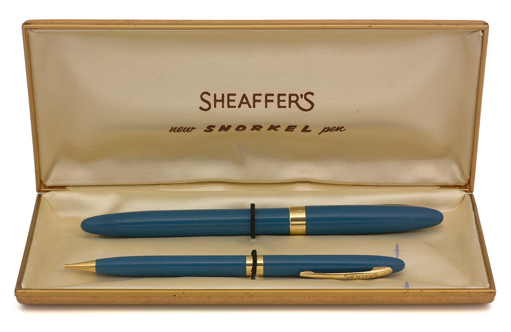 Sheaffer Admiral Snorkel Fountain Pen and Pencil Set (1950s) - Pastel Blue w/GT, Medium 14k #5 Nib (Excellent in Box, Restored)