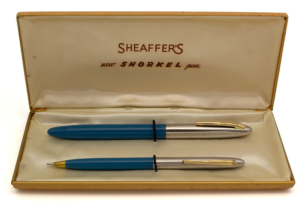 Sheaffer Sovereign Snorkel Fountain Pen and Pencil Set  (1952-59)- Blue w Two-Tone Cap, Fine 14k Open Two-Tone Nib (Excellent in Box, Restored)