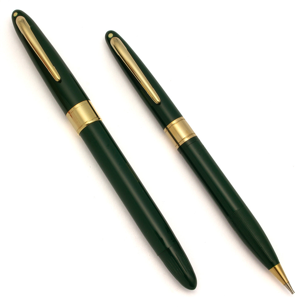 Sheaffer Valiant Fountain Pen and Pencil Set (1940s) - Dark Green w GT, Touchdown, Fine 14k Triumph Nib (Excellent +, Works Well)