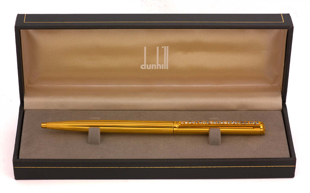 Dunhill Gemline Pinstripe Ballpoint Pen (Germany) - Gold Plated w Swarovski Diamonds Clip (Excellent +, In Box)