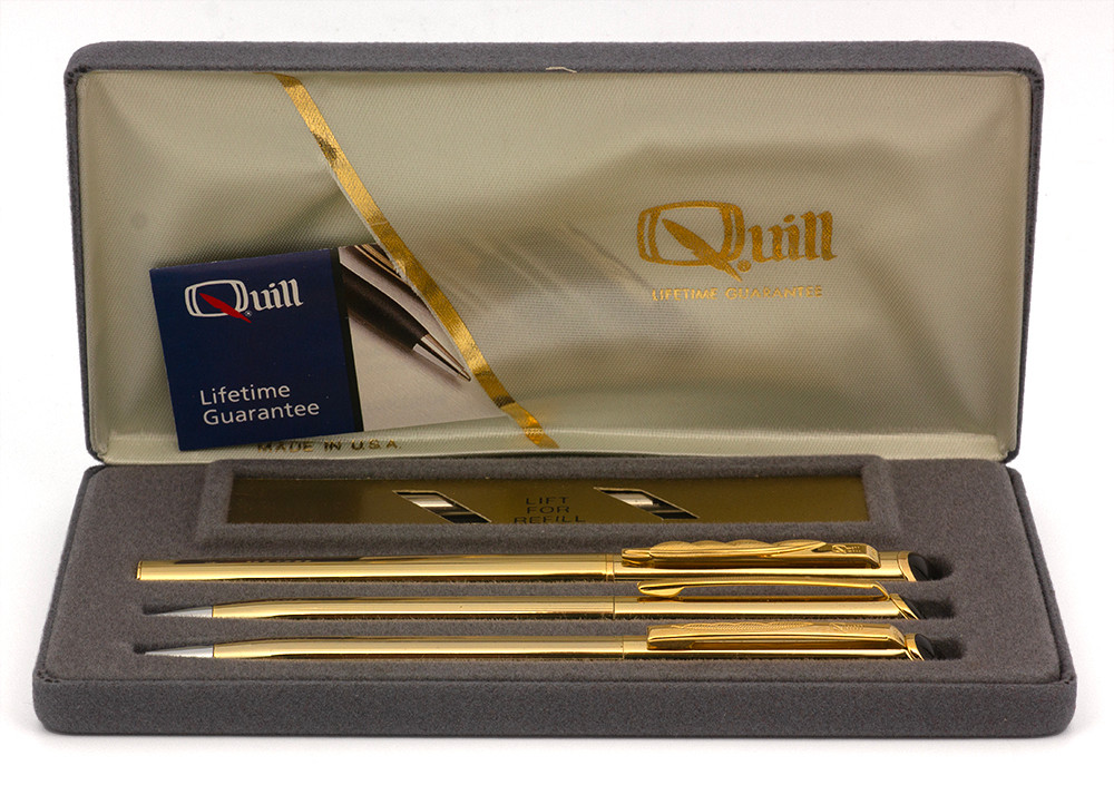 Quill Pen Co. 3-pc Set (MP, BP, Fineliner/Rollerball) - Gold-Filled (Near Mint in Box, Works Well)