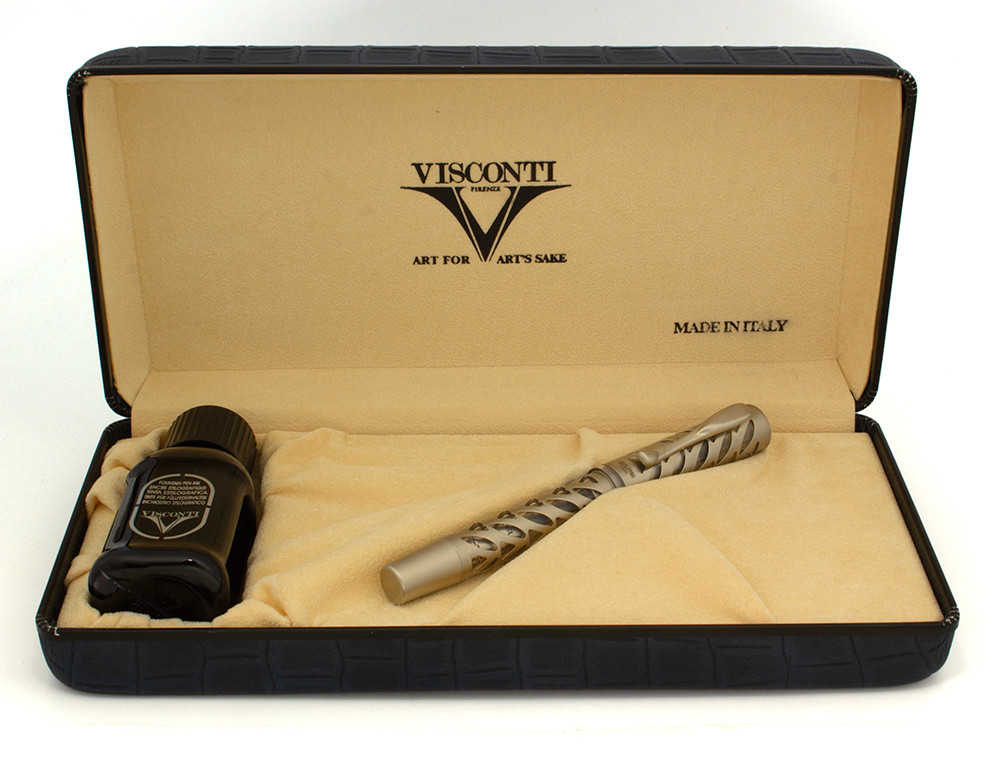 Visconti Skeleton Ag 925 Fountain Pen - Titanium over Sterling, Clear Lucite, C/C, 14k Broad Nib (New in Box, Works Well)