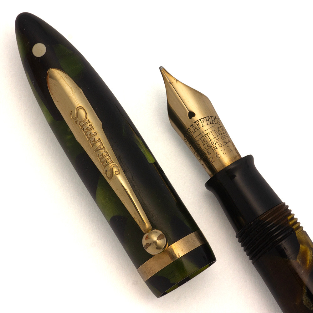 Sheaffer Balance Lifetime Petite Fountain Pen (1930-31) - Marine Green Marbled,  Lever Filler, Medium Gold Lifetime Nib (Very Nice, Restored)