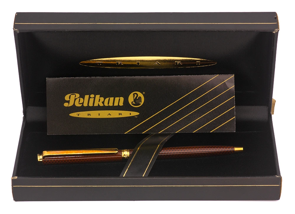 Pelikan Triari Ballpoint Pen (Germany, c. 1980s) - Brown  Patterned Lacquer w GT  (Excellent + in Box, Works Well)