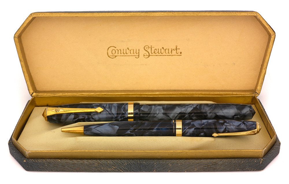 Conway Stewart 84 Fountain Pen and Pencil Set - Marbled Blue, Medium 14k Nib (Excellent + in Box, Restored)
