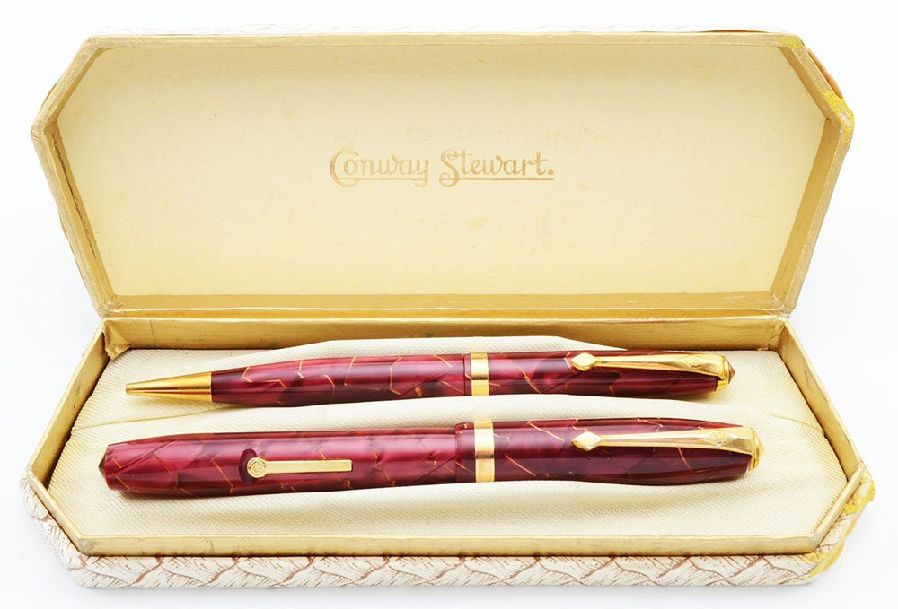 Conway Stewart 84 Fountain Pen and Pencil Set - Marbled Blue, Medium 14k Nib (Excellent + in Box, Restored)