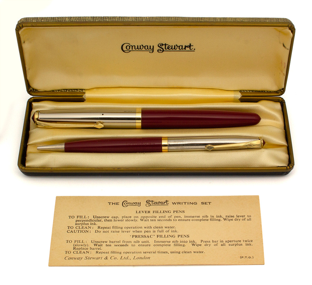 Conway Stewart 67 Fountain Pen & Pencil Set (1960s) - Maroon Red w Two-Tone Cap, Pressac Filler, Fine 14k (Excellent + in Box, Works Well)