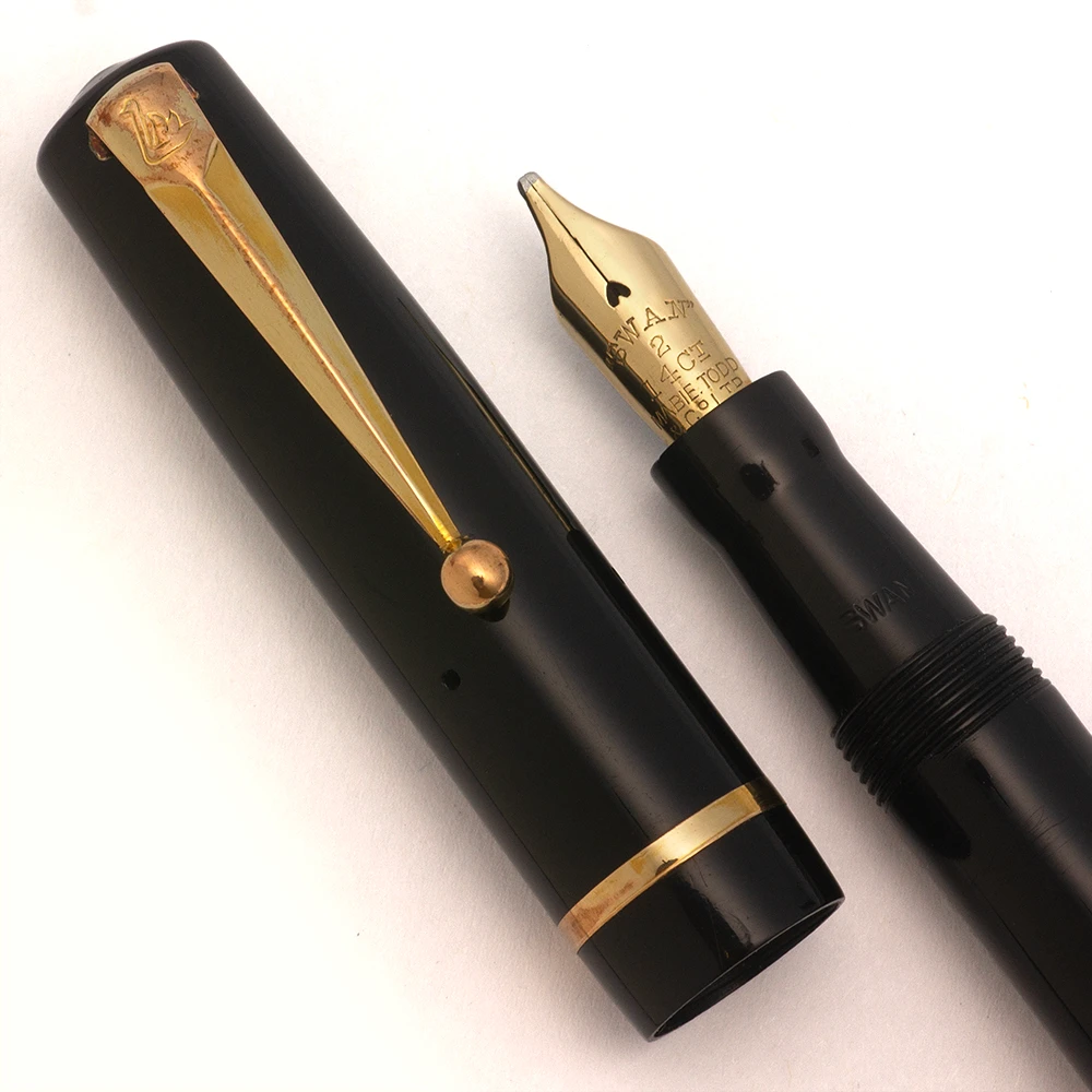 Mabie Todd Swan Self-Filler (UK) - Black w GT, Lever Filler, 14k Stub #2 Nib (Excellent +, Restored)