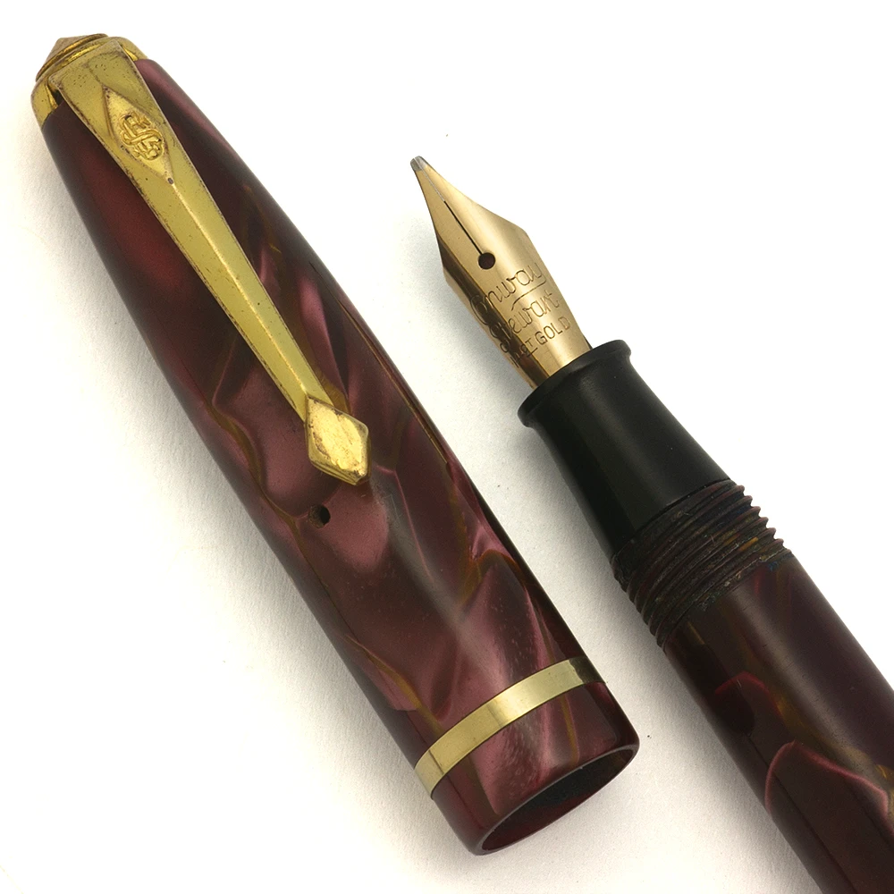 Conway Stewart 550 "Dinkie" Vintage Fountain Pen - Burgundy Marble, Flexible Fine 14k Nib (Very Nice, Restored)