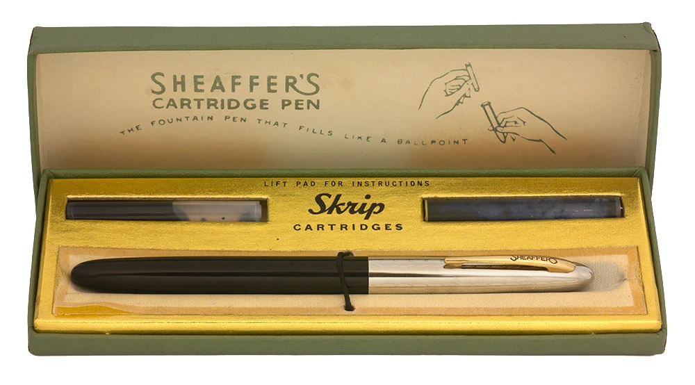 Sheaffer Cartridge Fountain Pen (1960s) - Black w/ Chrome Cap, C/C, Fine GP Triumph Nib (New Old Stock in Box)
