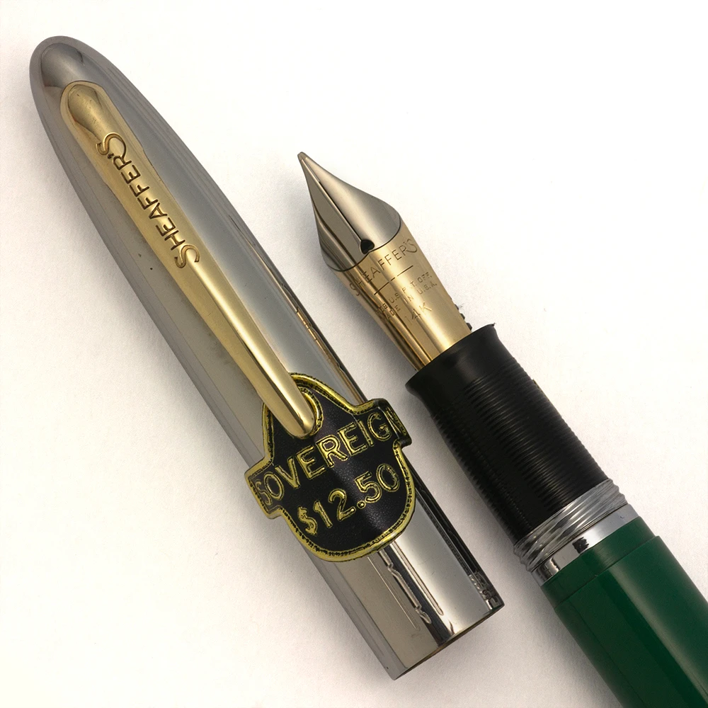 Sheaffer Sovereign Snorkel (1952, First Year) - Pastel Green w Chrome Cap+Gold Clip, 1st Year 14k Gold Snorkel Tube, Medium 14k Nib (Excellent + in Box, Restored)